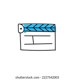 Clapperboard blue numerator hand drawn icon. Sketch device for process of cinematography and studio production of vector films