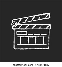 Clapperboard chalk white icon on black background. Filmmaking industry. Video and TV production. Cinematography slate board. Movie shooting. Isolated vector chalkboard illustration