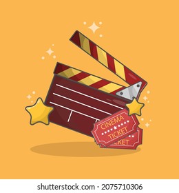 Clapperboard with Cinema Tickets and Star Symbol Vector Illustration