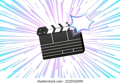 Clapperboard mit Clap Wort-Sprache-Blase auf Vintage Manga-Stil Hintergrund. Vektorretro-Kinografik