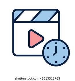 Clapperboard and clock symbolizing a scheduled movie session