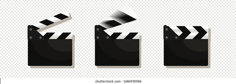Clapperboard closed and open in motion set flat vector isolated movie collection, cinematography concept.