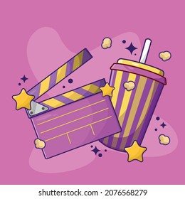 Clapperboard and Cola in Stripped Cardboard Cup Vector Illustration