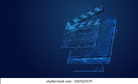 Clapperboard y computadora ilustración de arte de baja poli. Monitor poligonal 3D. Equipo de cinematografía con puntos y líneas conectadas. Fondo de malla de alambre de color de Vector de tecnología moderna
