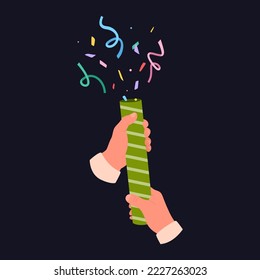 Clapperboard with confetti. Exploding party popper in human hands. Flat vector illustration.