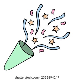 Clapperboard. Confetti party. Multi-colored ribbons, serpentine and stars fly from the green cap. Birthday cap. Color vector illustration. Cartoon style. Isolated background. Idea for web design.