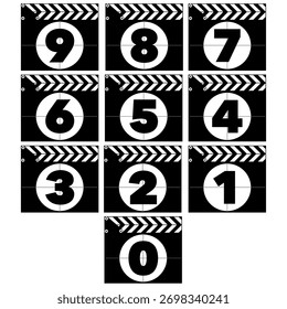 Clapperboard, countdown sequence from ten to zero displayed on film slate background for projects. EPS 10