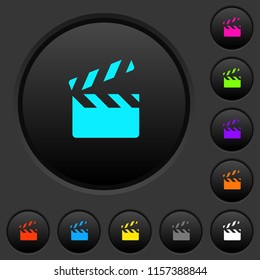 Clapperboard dark push buttons with vivid color icons on dark grey background