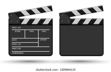 Clapperboard is a device that are using before filming as a signal to synchronize the starting of picture and sound machinery.  3D vector. High detailed realistic illustration