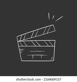 Clapperboard in doodle style, vector illustration. Movie clapper icon for print and design. Isolated element on black background. Film making outline sign hand drawn