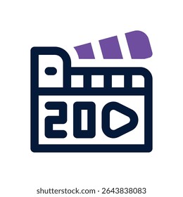ícone de dois tons clapperboard. Ícone vetorial moderno e elegante para sites, aplicativos móveis, materiais de marketing e design corporativo. Totalmente dimensionável e pronto para uso.