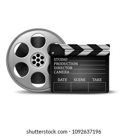 Clapperboard and a film reel. vector illustration