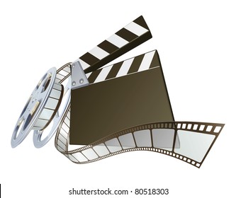 A clapperboard and film spooling out of film reel illustration. Dynamic perspective and copyspace on the board for your text.