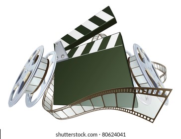 A clapperboard and film spooling out of film reel illustration. Dynamic perspective and copyspace on the board for your text.