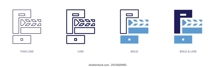 Ícone Clapperboard em 4 estilos diferentes. Linha fina, Linha, Negrito e Linha Negrito. Estilo duotônico. Traçado editável.
