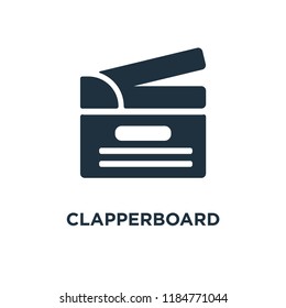 Clapperboard icon. Black filled vector illustration. Clapperboard symbol on white background. Can be used in web and mobile.