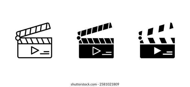 Clapperboard icon. Classic film production sign. Movie scene and shooting symbol. Director tool pictogram. Hollywood filmmaking illustration.