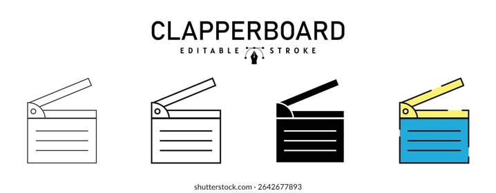 clapperboard icon in different style vector illustration. two colored and black clapperboard  vector icons designed in filled, outline, line and stroke style used for web, mobile,