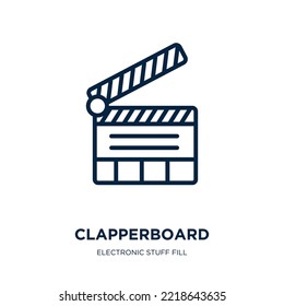 clapperboard icon from electronic stuff fill collection. Thin linear clapperboard, film, movie outline icon isolated on white background. Line vector clapperboard sign, symbol for web and mobile