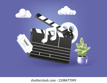 Clapperboard icon, filmmaking device, video movie clapper equipment. 3D Web.