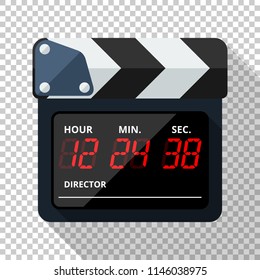 Clapperboard icon in flat style with long shadow on transparent background