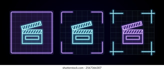 Clapperboard icon illustration, cyber neon visual, glowing border grid vector.