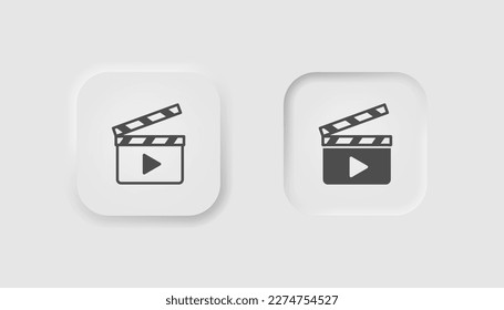 Clapperboard icon in neumorphism style. Icons for business, white UI, UX. Movie symbol. Video, cut, filmmaking equipment, cinematography, camera, action. Neumorphic style. 