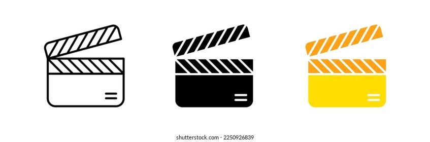 Clapperboard icon set. Cinema, media, information, camera, director, broadcast, file, operator, cinematography, news, video, frame, genre. Multimedia concept. Vector line icon in different styles