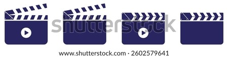Clapperboard icon set featuring film slate symbols with play indicators used for video recording, movie scenes, media actions, and film production.
