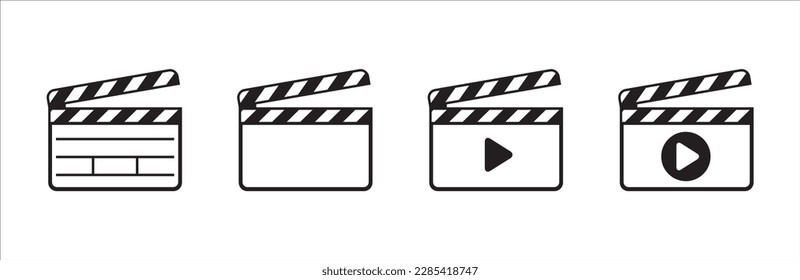 Clapperboard icon set. Opened movie shooting clapper board vector. Film cinema symbol. Vector stock illustration. Outline design style.