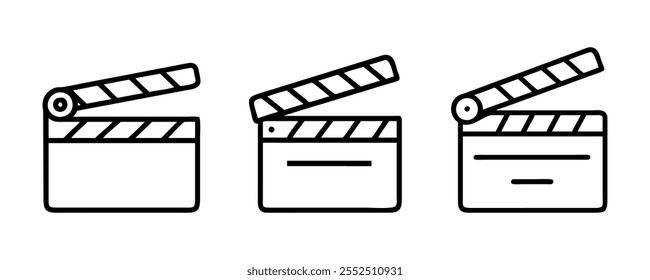 Conjunto de ícones da área de trabalho. Vetor de placa de clapper de disparo de filme aberto. Símbolo do cinema. Ilustração de estoque vetorial