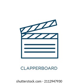 clapperboard icon. Thin linear clapperboard outline icon isolated on white background. Line vector clapperboard sign, symbol for web and mobile