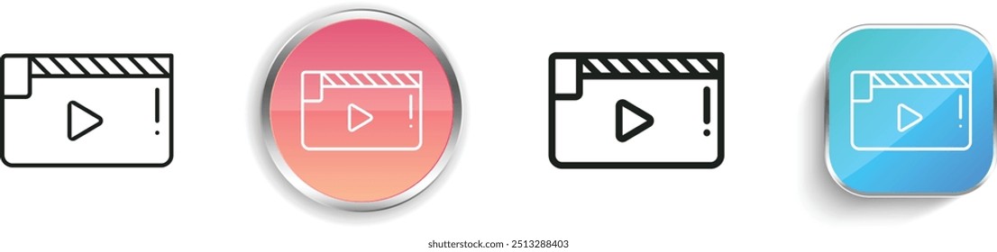 ícone clapperboard. Design fino, linear, regular e estilo botão isolado no fundo branco