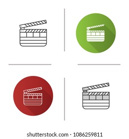 Clapperboard icon. Time code slate. Flat design, linear and color styles. Isolated vector illustrations