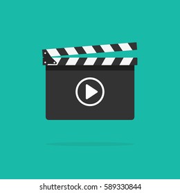 Clapperboard icon vector isolated on color background, flat style clapperboard with play button, filmmaking device, video movie clapper equipment