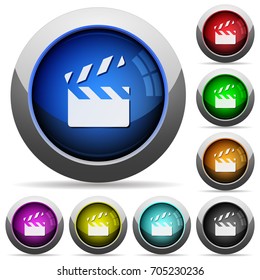 Clapperboard icons in round glossy buttons with steel frames