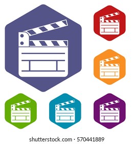 Clapperboard icons set rhombus in different colors isolated on white background
