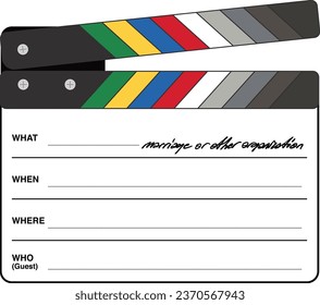 Clapperboard. Clapperboard invitation, event card, wedding invitation, happy birthday card, be happy message, new year card, new year message.