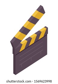 Clapperboard isometric vector illustration. Black and yellow movie slate 3d isolated clipart on white background. Cinematography and filmmaking equipment. Film clapper design element