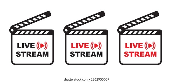 Clapperboard live streaming icons. Play button icon vector illustration. Red symbols and buttons of live streaming, broadcasting, online stream.