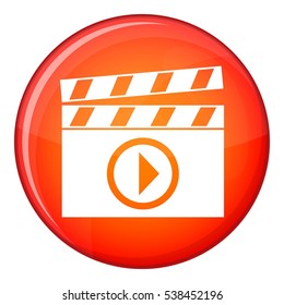 Clapperboard for movie shooting icon in red circle isolated on white background vector illustration