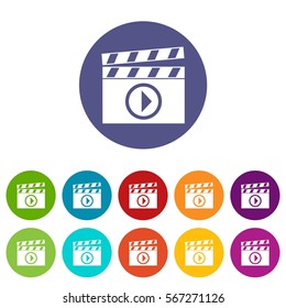 Clapperboard for movie shooting set icons in different colors isolated on white background