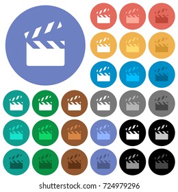 Clapperboard multi colored flat icons on round backgrounds. Included white, light and dark icon variations for hover and active status effects, and bonus shades on black backgounds.