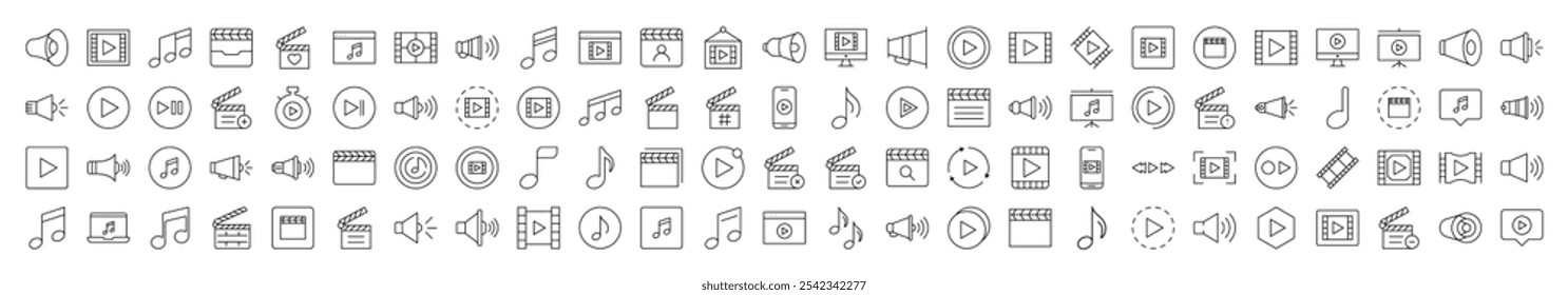 Clapperboard, Nota musical, Alto-falante Media Player Contorno Ícones de estilo para design, cartões, aplicativos, redes sociais