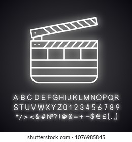 Clapperboard neon light icon. Time code slate. Glowing sign with alphabet, numbers and symbols. Vector isolated illustration