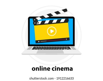 Clapperboard with online video player. Video tutorial. Online Movie. Online cinema of clapper board video player. Laptop with video player on screen. Notebook with live stream window