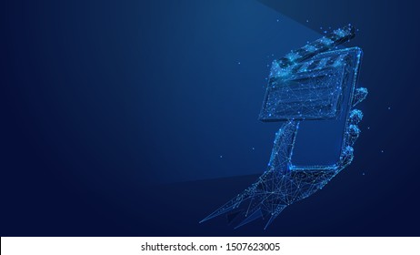 Clapperboard and phone low poly art illustration. 3d polygonal filmmaking equipment. Smartphone in hand with connected dots and lines. Modern gadget vector color wireframe mesh backdrop