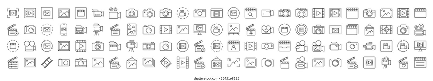 Clapperboard, Câmera Fotográfica, Filme, Coleção de Ícones de Linha de Imagem. Traço editável. Pictograma Linear Minimalista para Design de Cartões, Aplicativos, Banners, Posts 