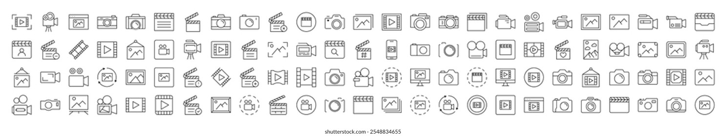 Clapperboard, Photo Camera, Movie, Picture Line Icon Bundle. Editable Stroke. Minimalistic Linear Pictogram for Design of Cards, Apps, Banners, Posts