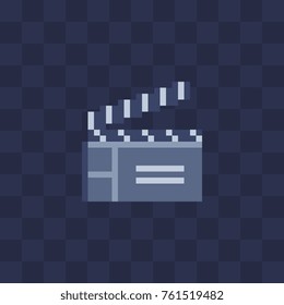 Clapperboard pixel art flat icon. Movie, cinema, films logo. 8-bit. Isolated vector illustration. 